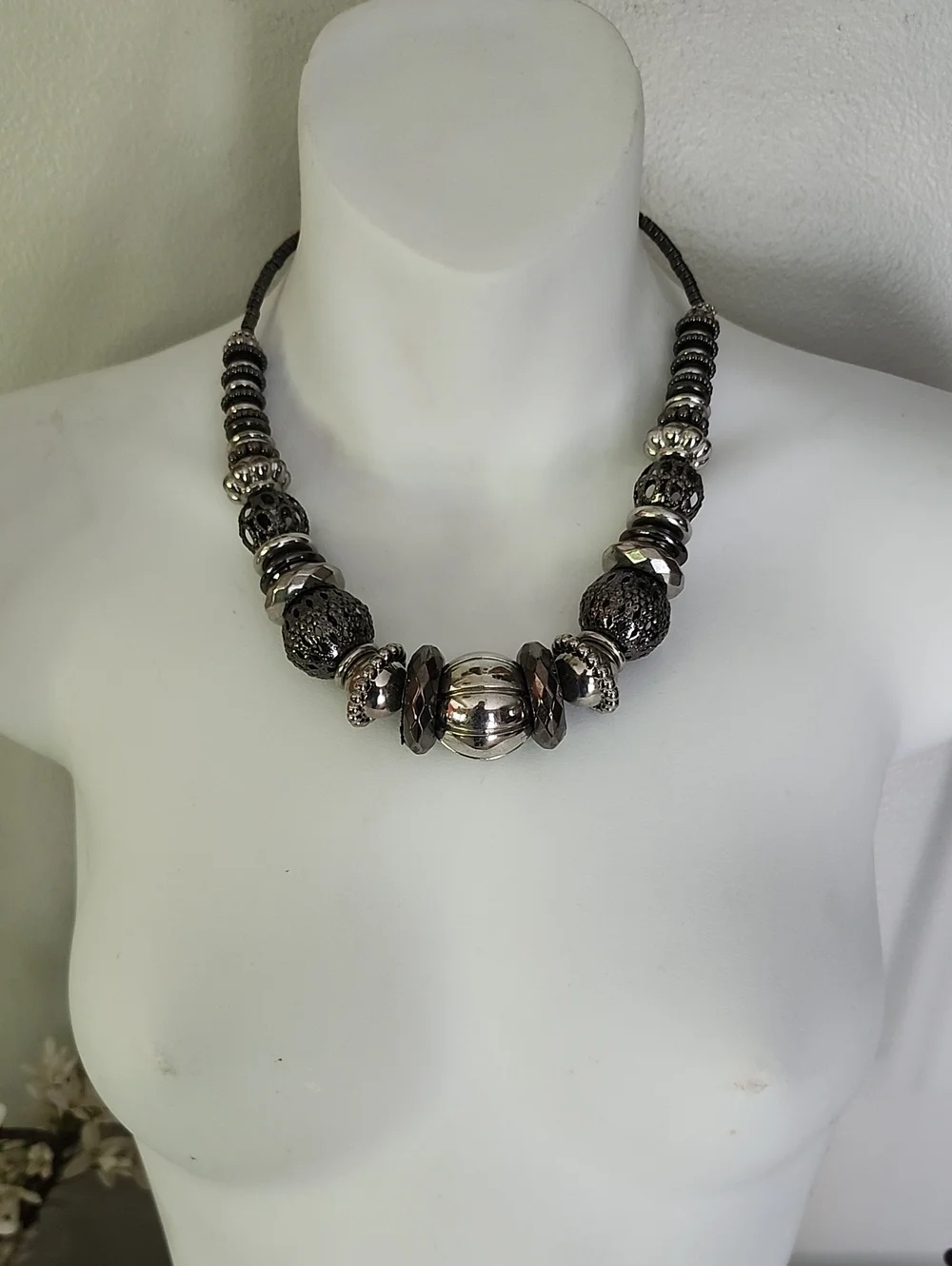 Bold Sterling-Look Gunmetal Bead Statement Necklace